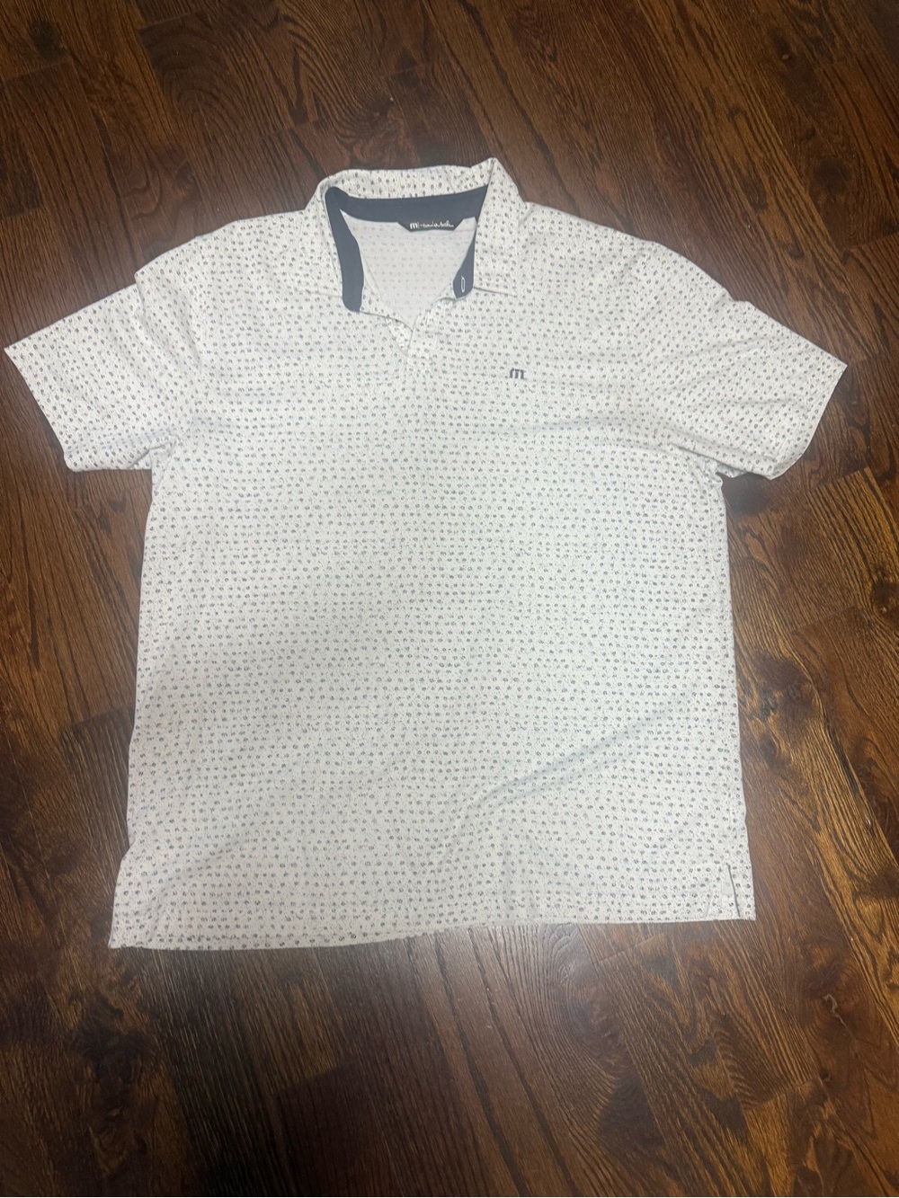 Travis Mathew White Polo with Navy Collar and Micro Print